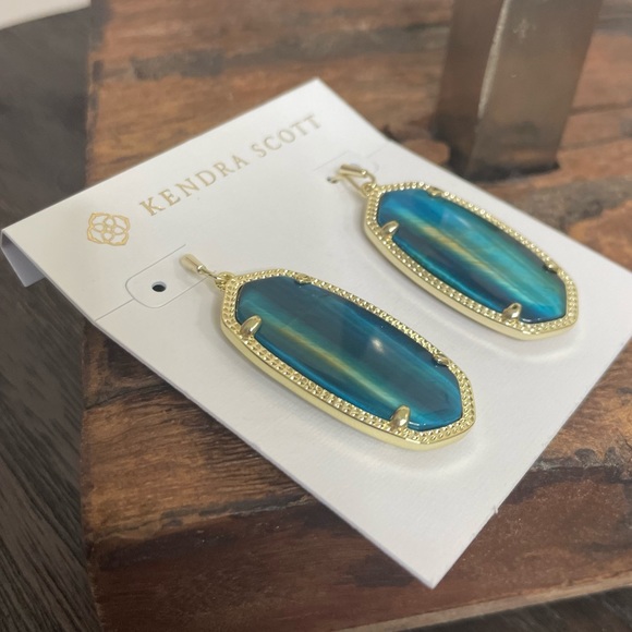 NWT Kendra Scott Elle Drop Earrings in Teal Tiger's Eye! - Picture 4 of 4